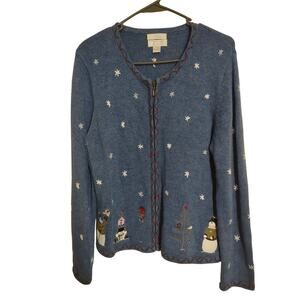 Vintage Christopher and banks Christmas Zip up Sweater Hand Embroidered Cottage